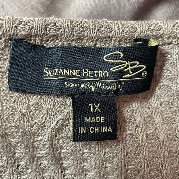 Suzanne Betro Signature Tan Mixed Media Top Waffle Knit Eyelet Lace Sz 1X Boho - Picture 7 of 7